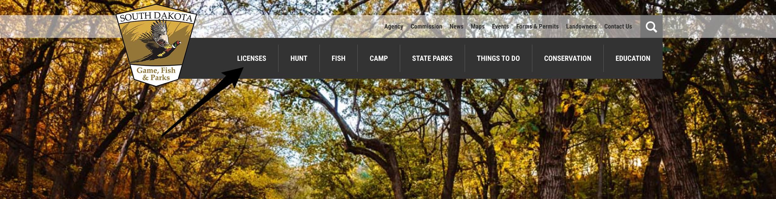 Navigating to South Dakota hunting license section