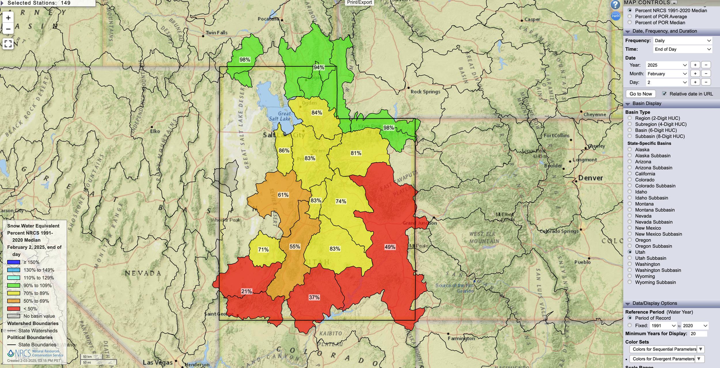 Utah February 2, 2025 snow water equivalent percent map