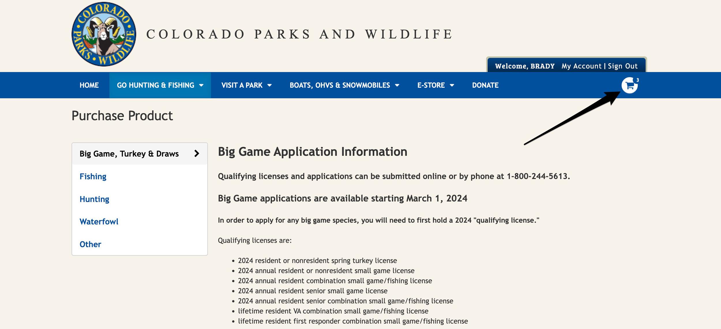 Colorado shop page showing three items in cart