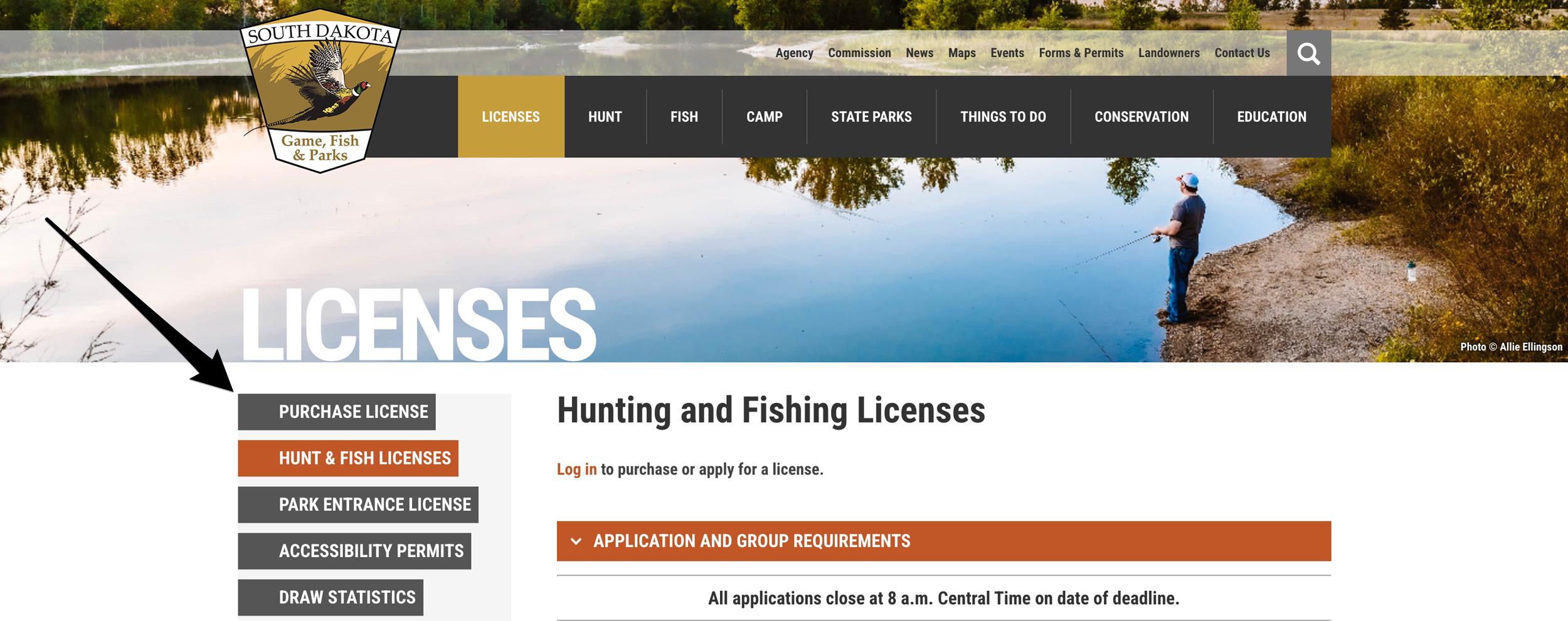 Purchase license section to login to get South Dakota hunting preference point