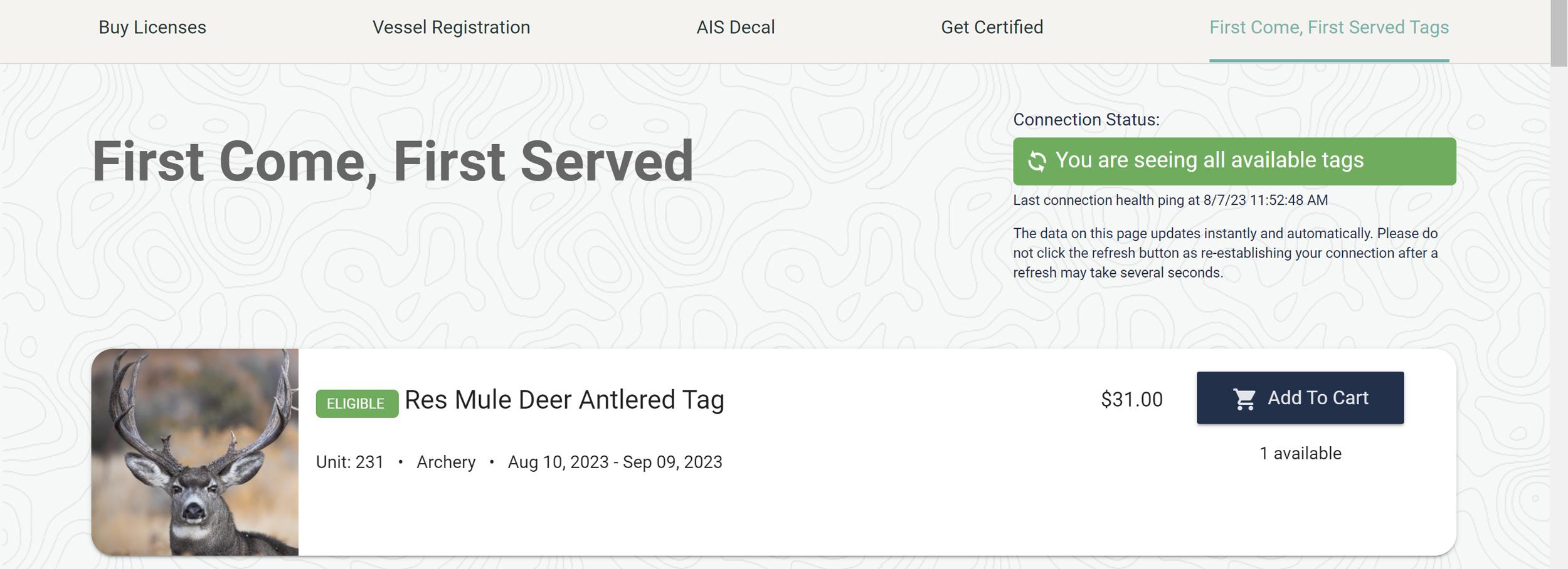 Screenshot showing Nevada first come first served leftover tag
