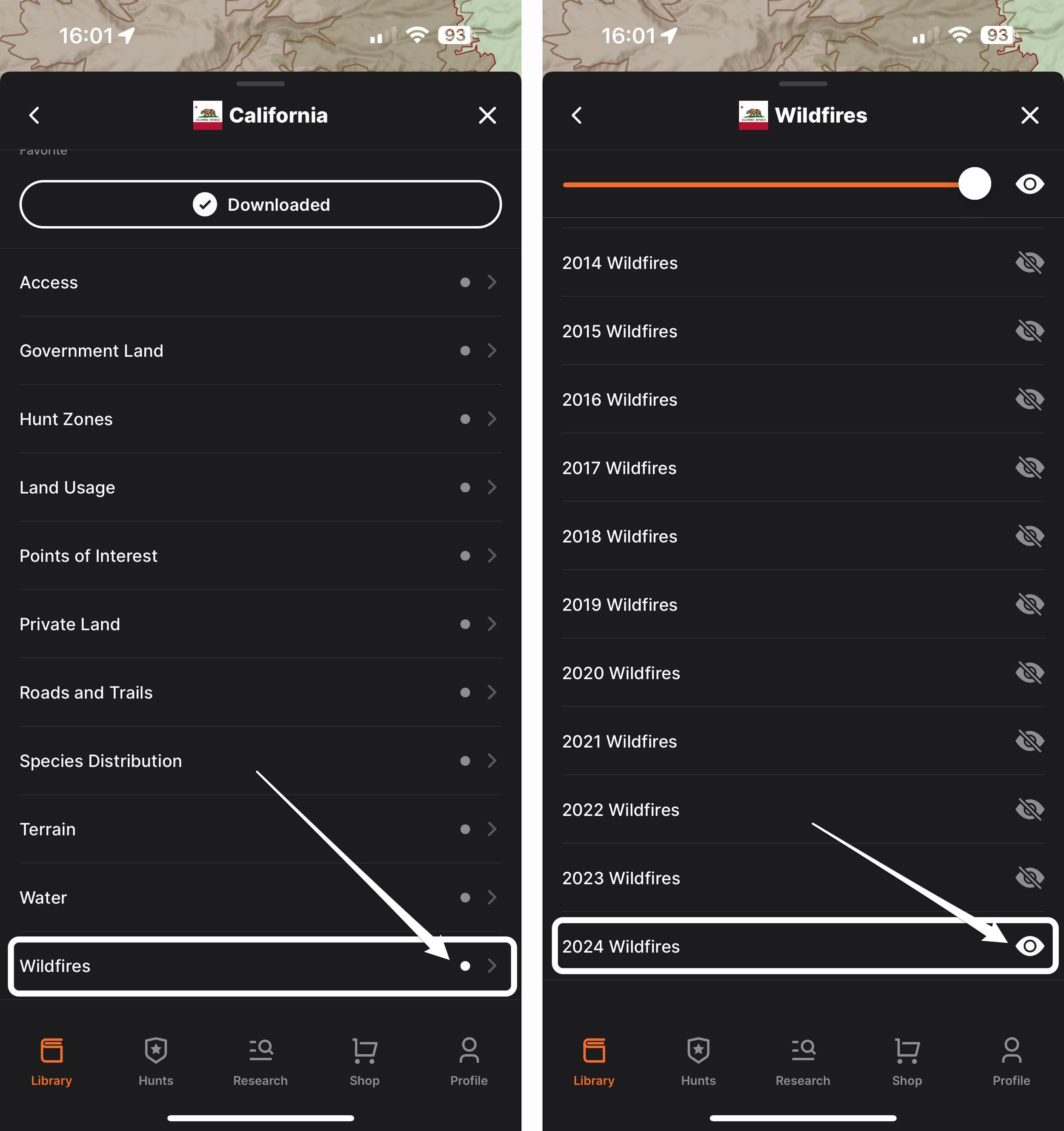 How to turn on 2024 wildfire layer on the GOHUNT mobile app