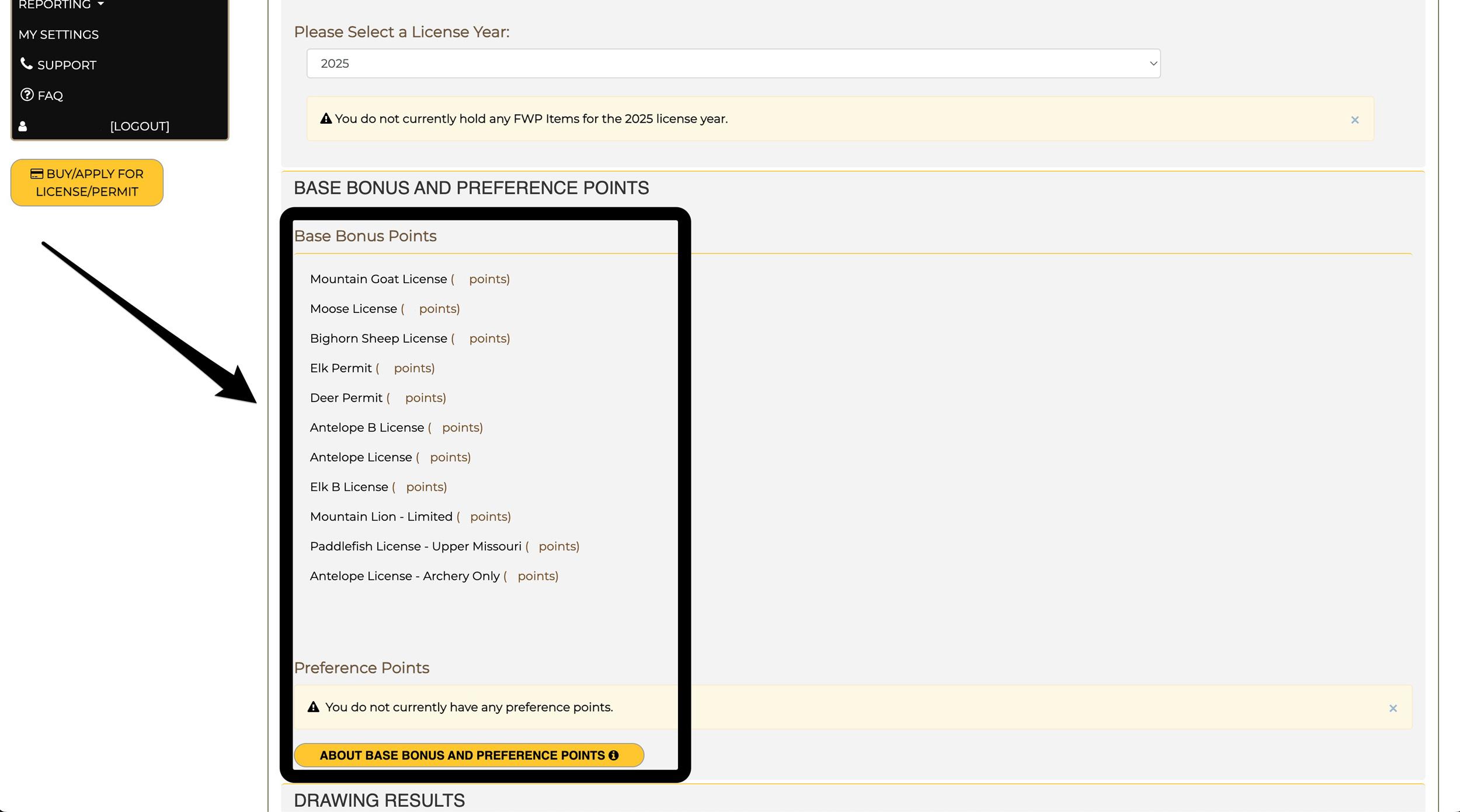 Viewing your Montana bonus points and preference points for hunting