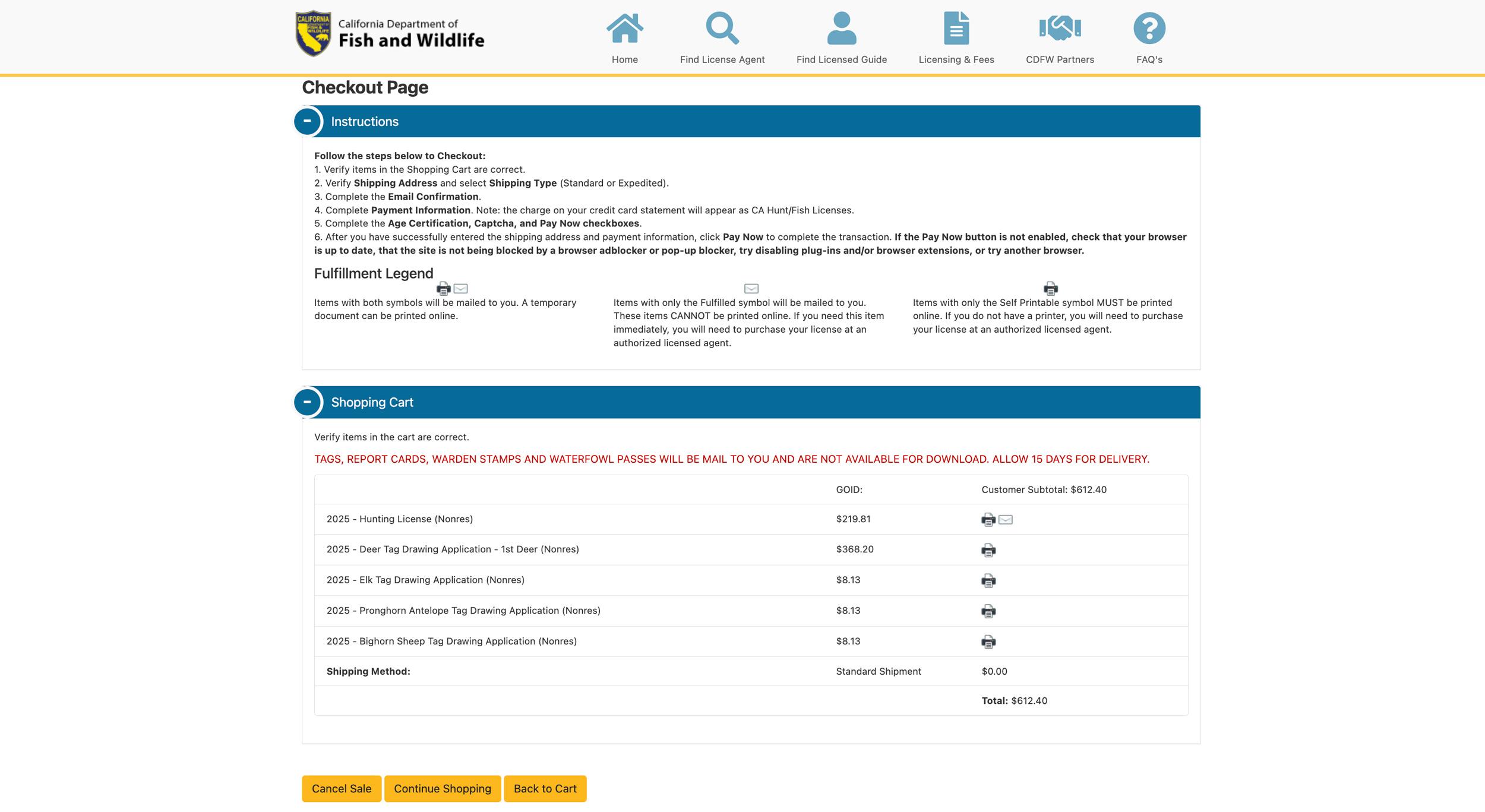 Checkout page to purchase California preference points for hunts