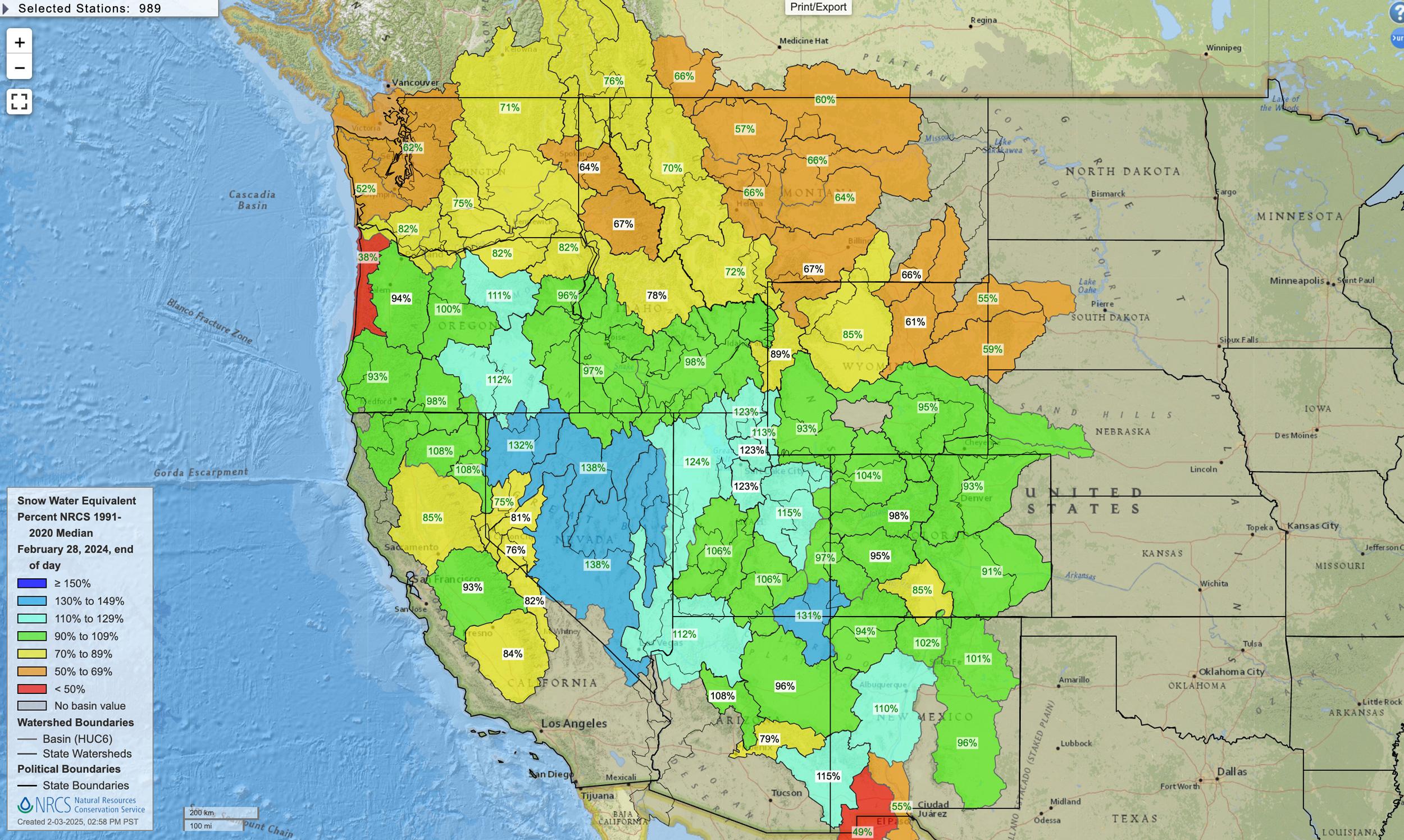 February 28, 2024 Western United States snow water equivalent percent map