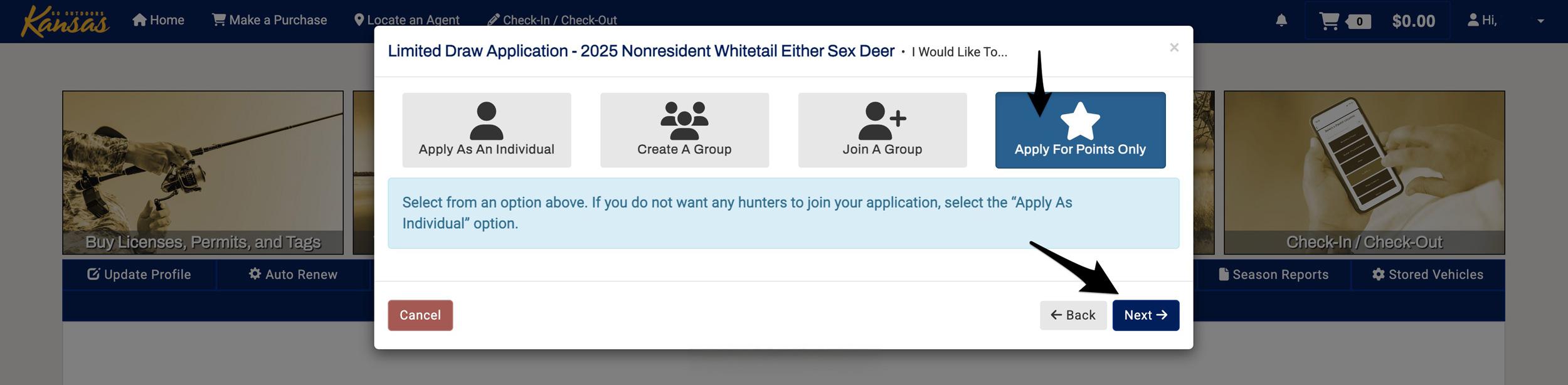Apply for points only in Kansas for deer hunting