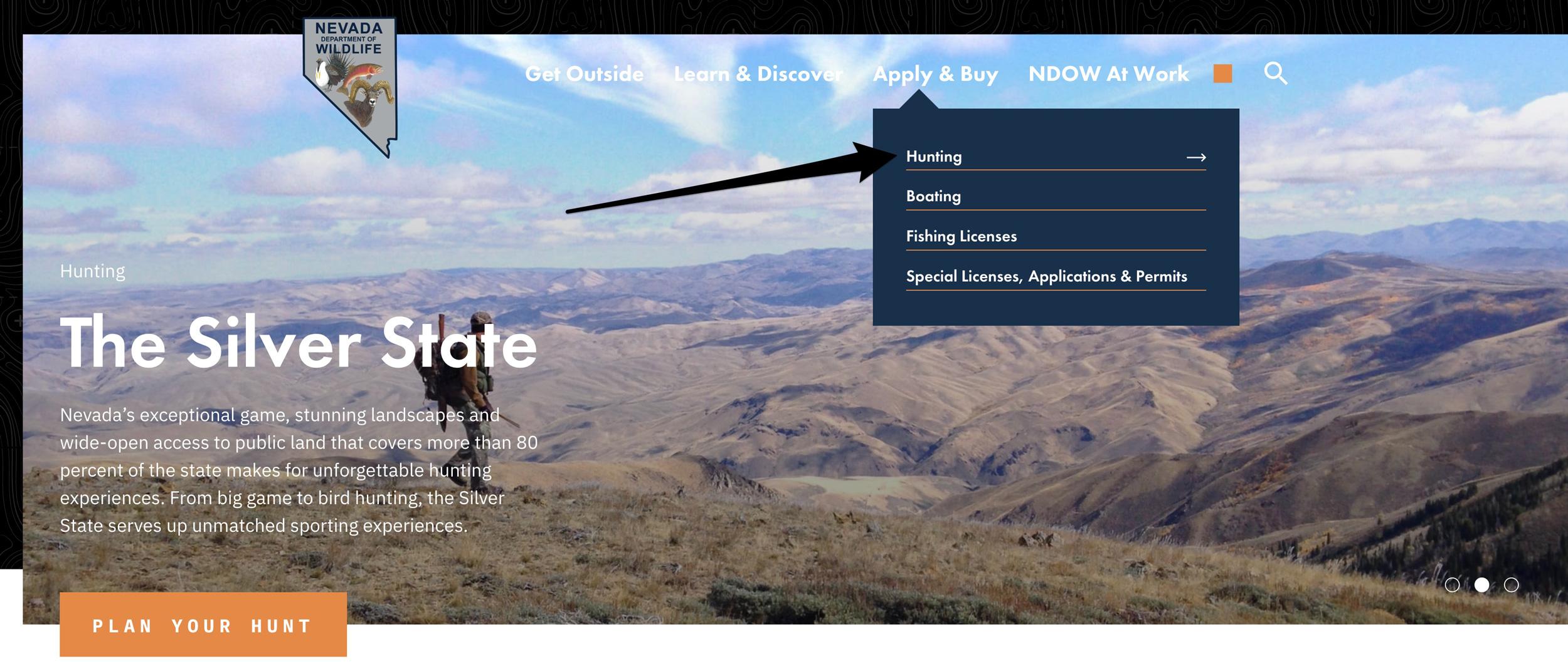 Accessing the hunting section of Nevada department of wildlife homepage