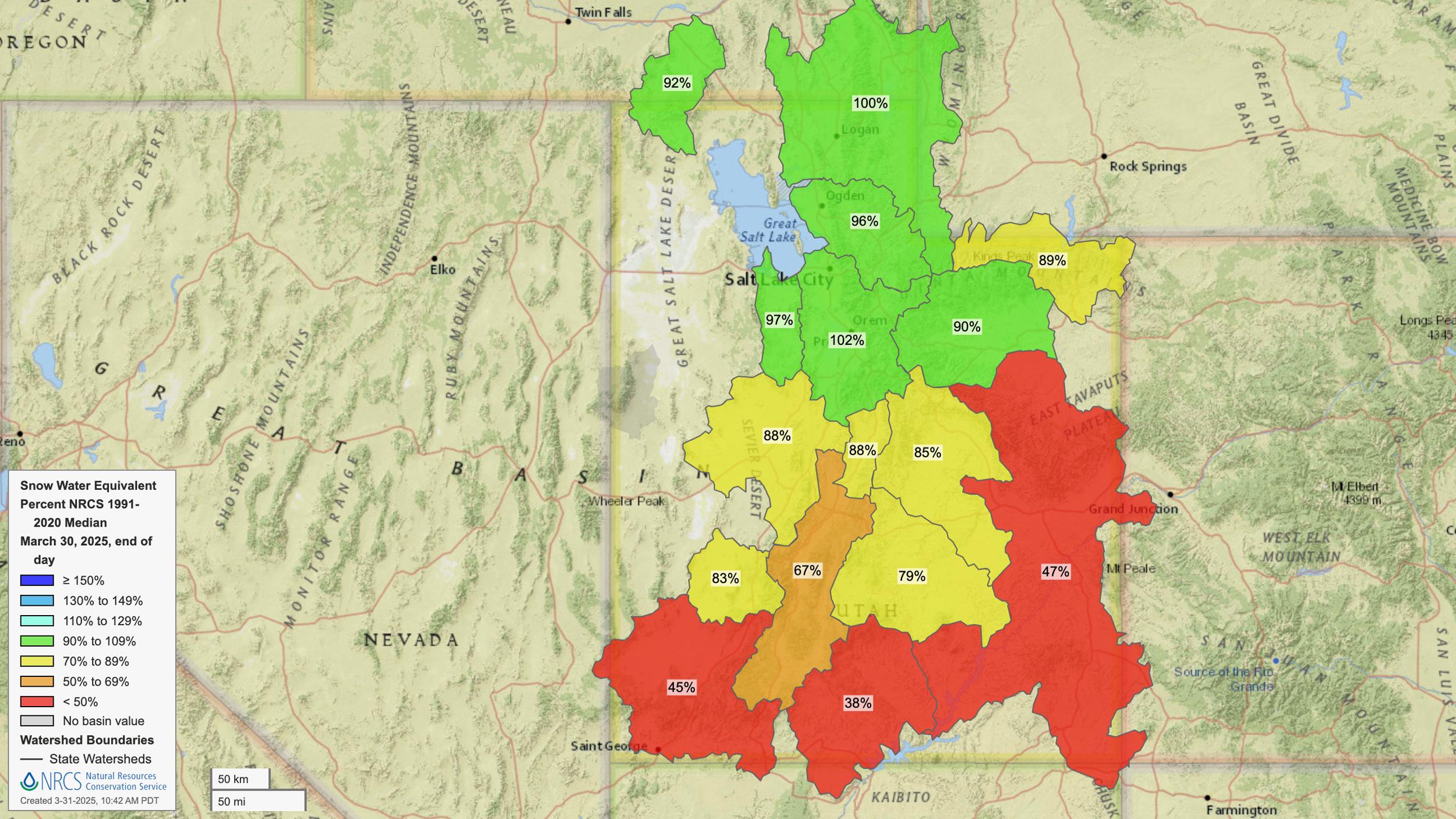 Utah end of March 2025 snow water equivalent map