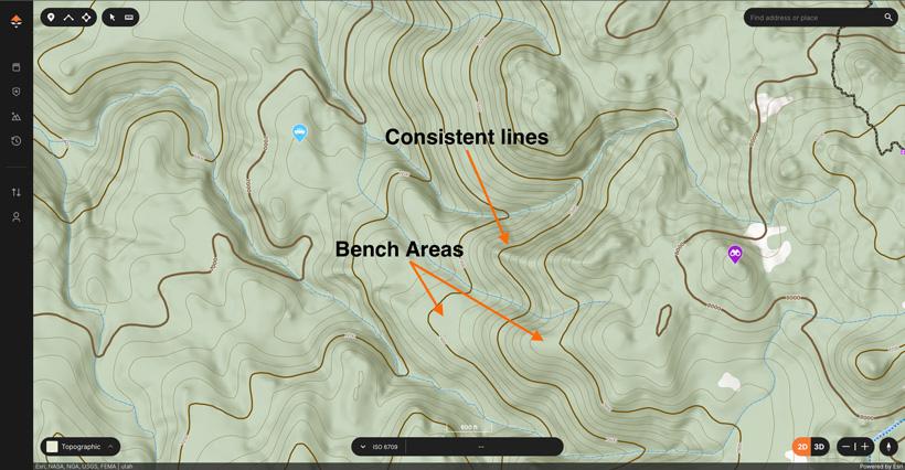 Selecting a ridge to hike based on gohunt topographical map
