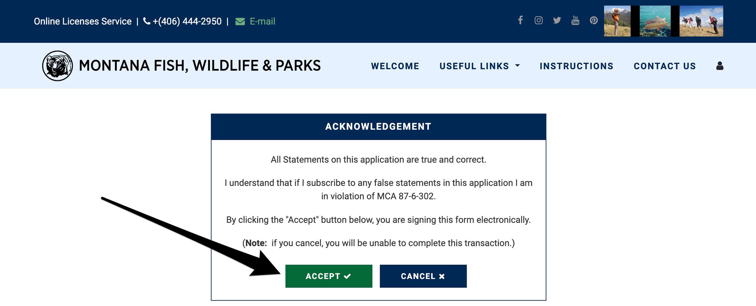 Accepting statement for Montana hunting licensing page login