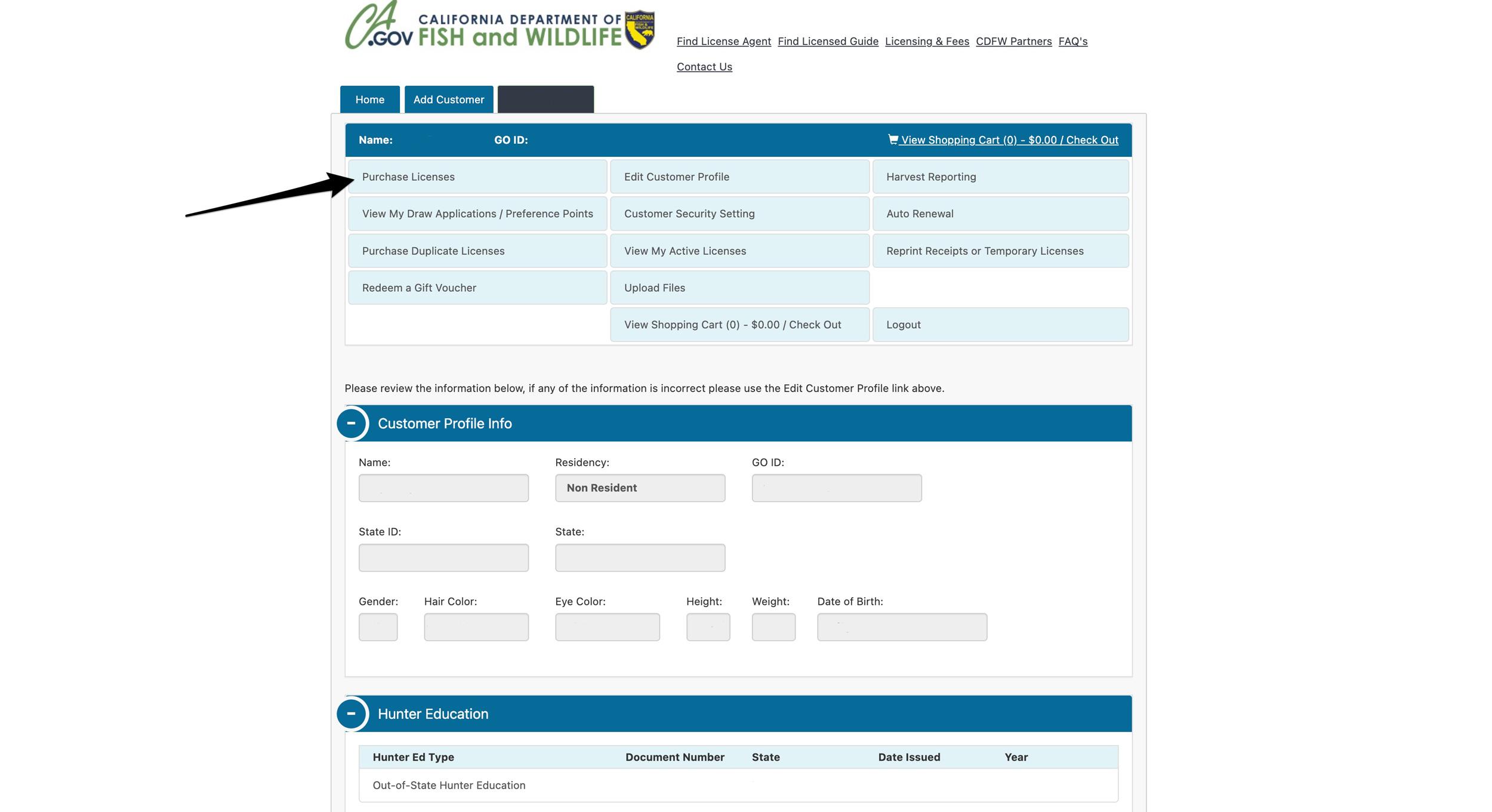 California account page to purchase hunting licenses and preference points