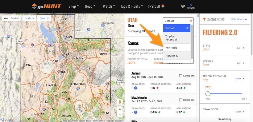 Sorting by male to female levels on gohunt insider