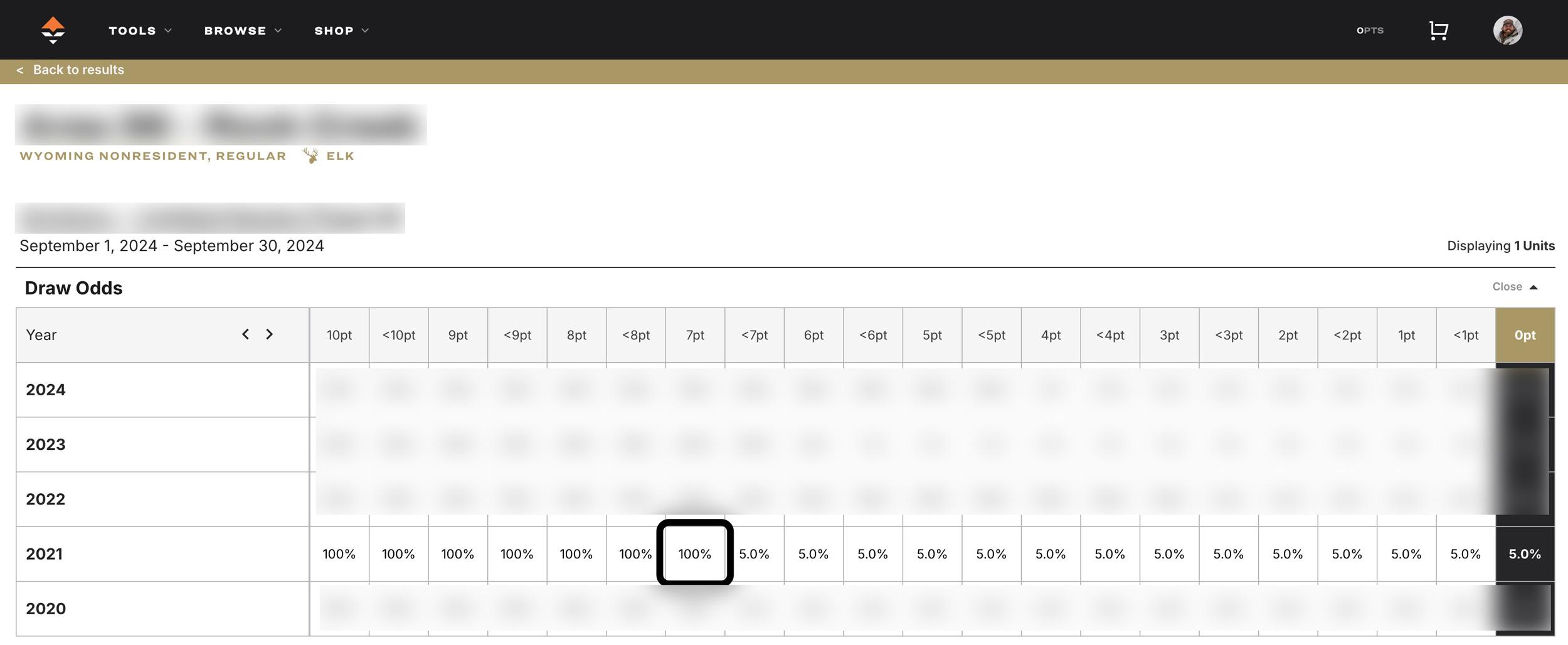 Wyoming nonresident regular draw elk example using GOHUNT's draw odds on Insider