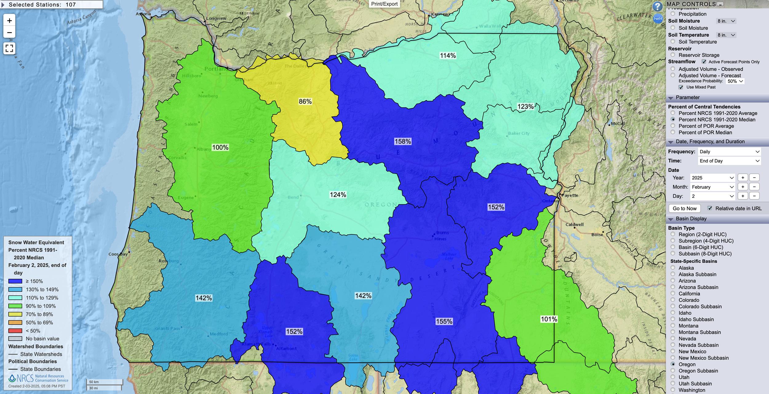 Oregon February 2, 2025 snow water equivalent percent map