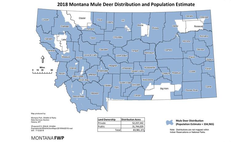 2018 montana mule deer distribution and population estimate map