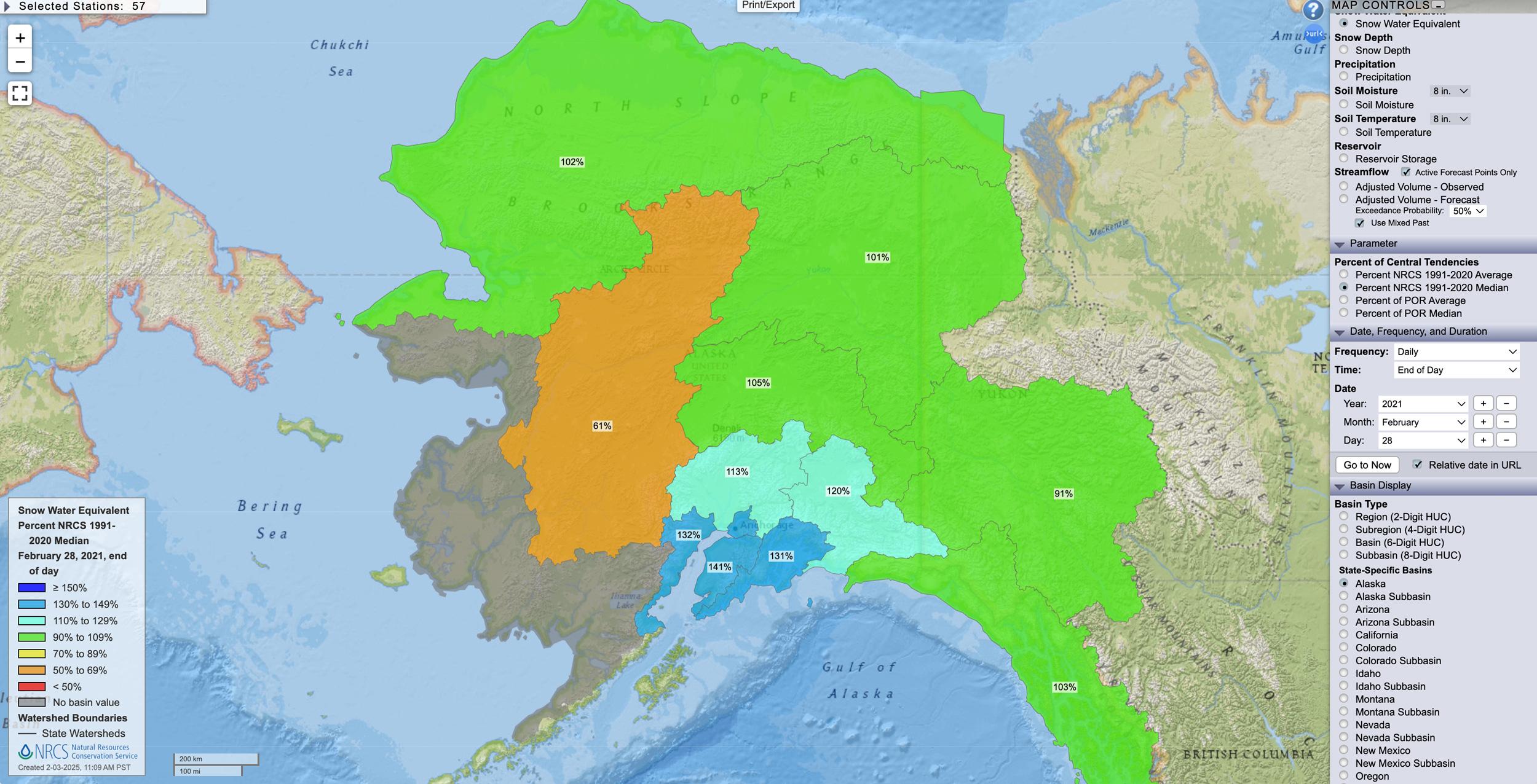 Alaska February 28, 2021 snow water equivalent percent map