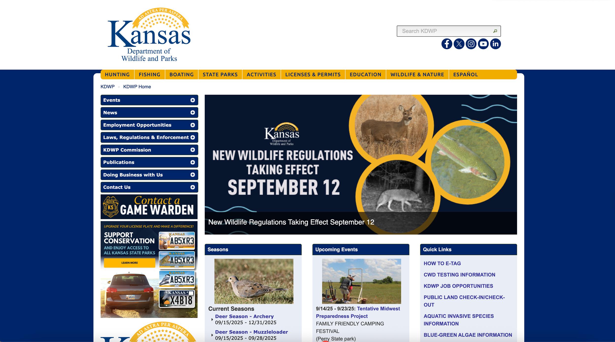 Kansas Department of Wildlife and parks website homepage