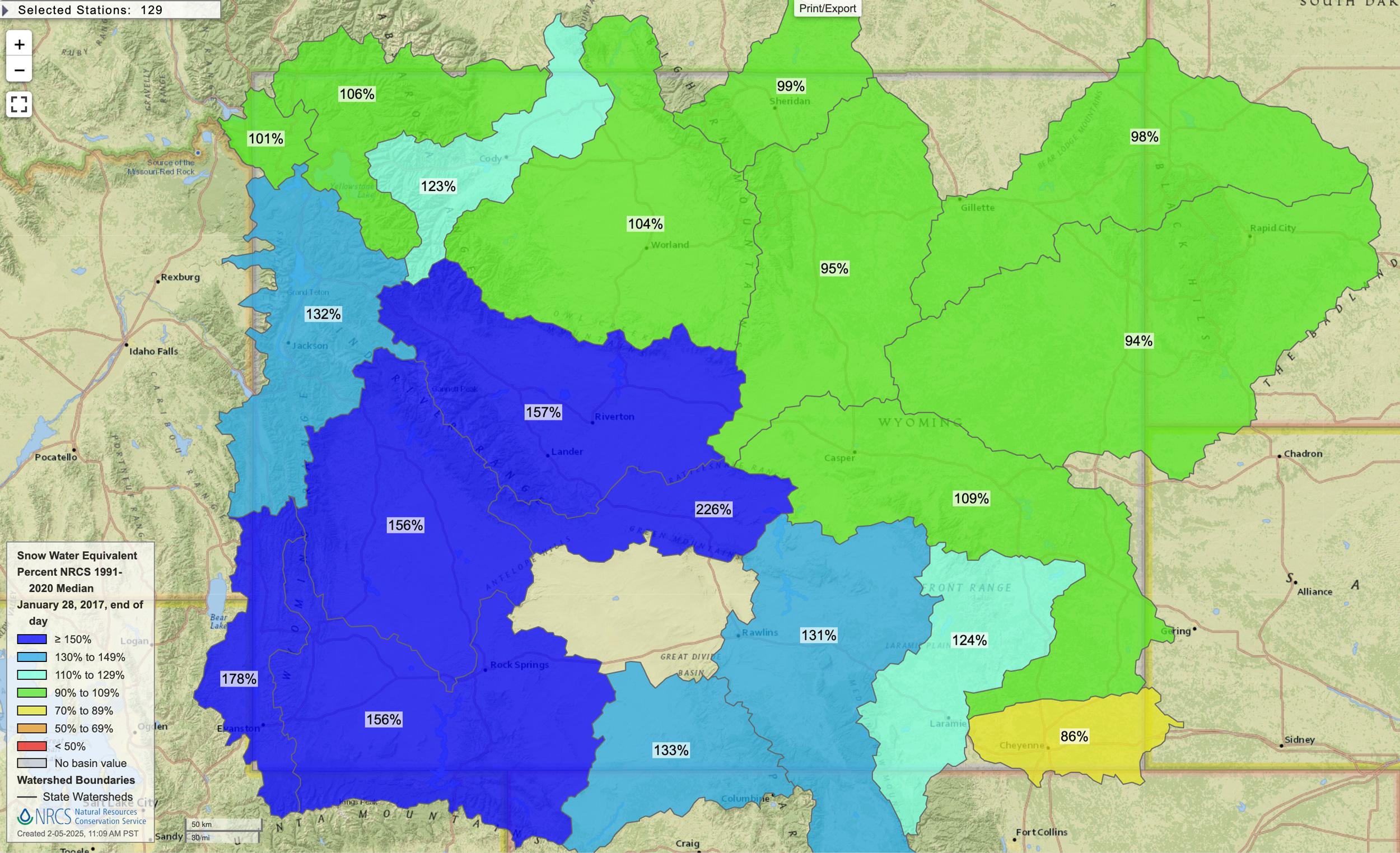 Wyoming January 28, 2017 snow water equivalent percent map