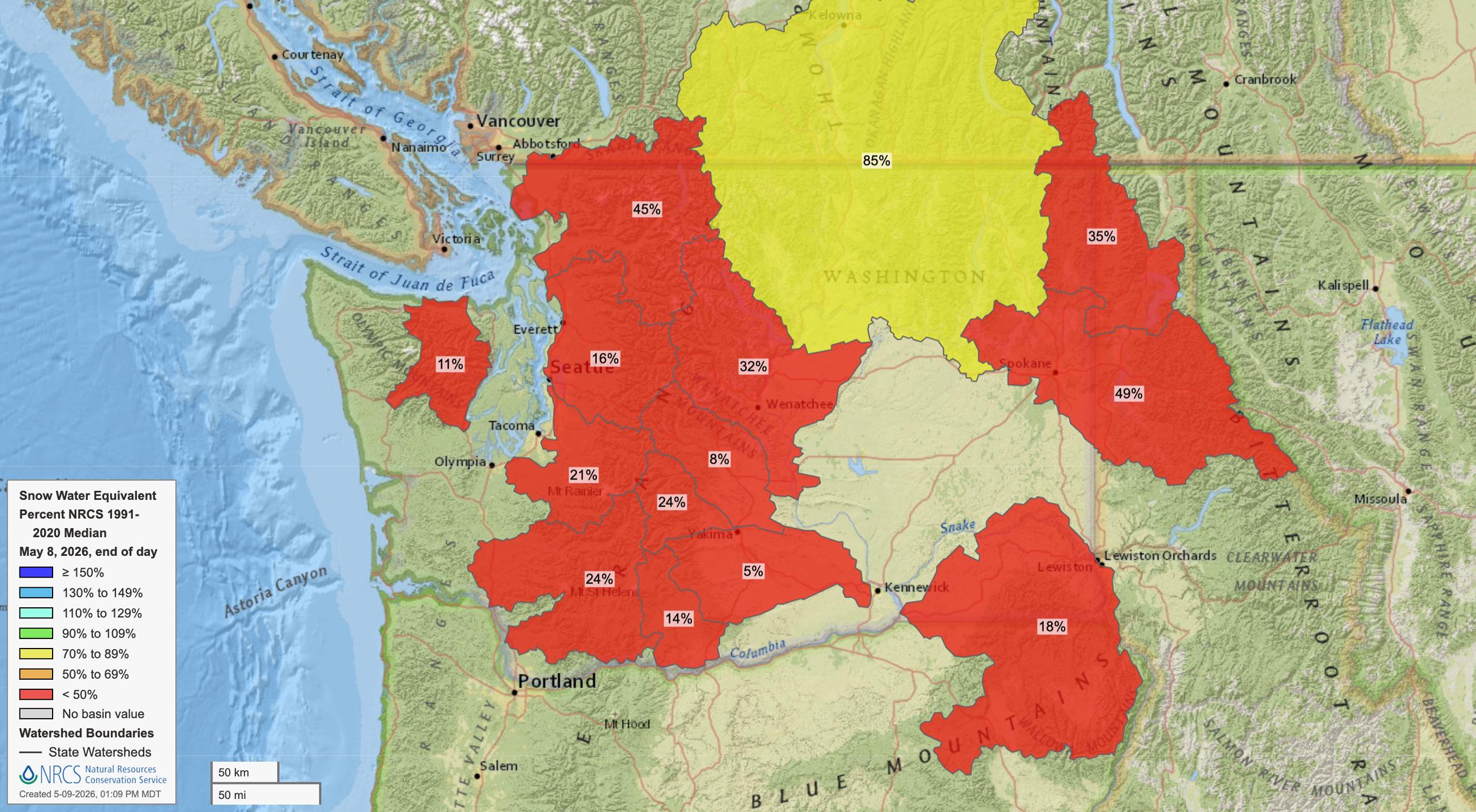 Washington early May 2026 snow water equivalent map