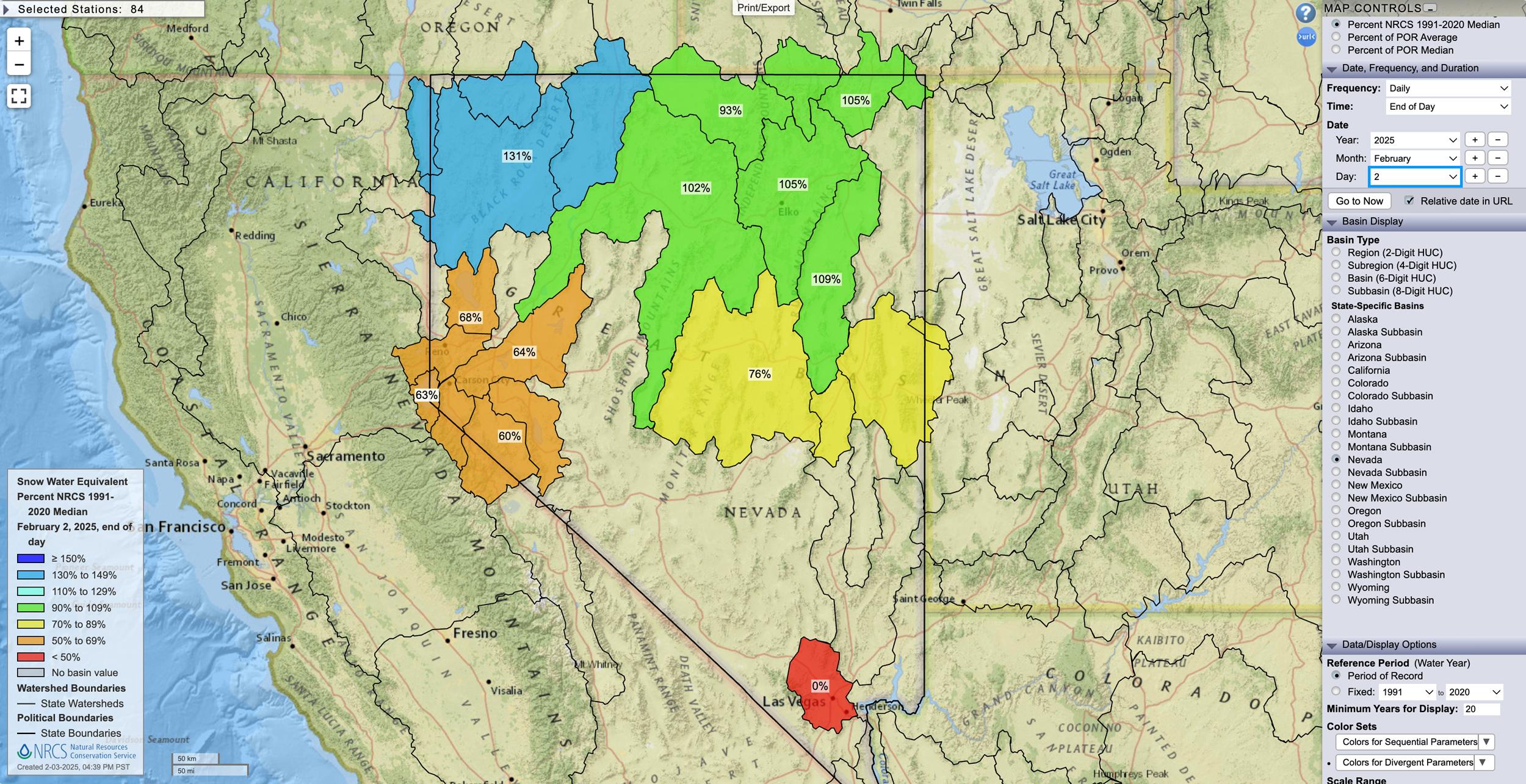 Nevada February 2, 2025 snow water equivalent percent map