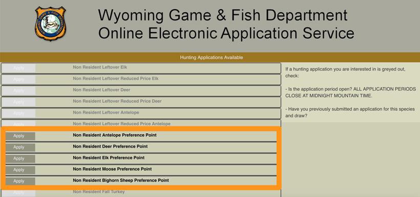 Purchasing wyoming hunting preference points