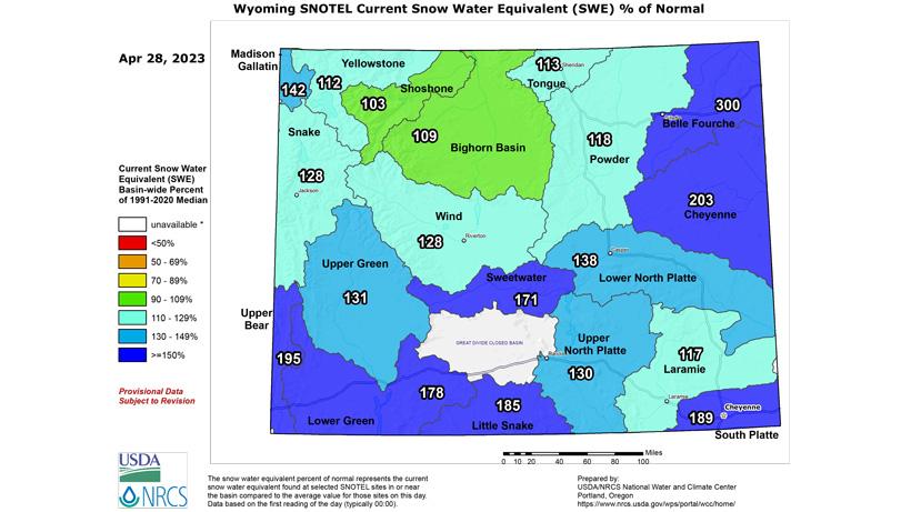 April 28 2023 wyoming snow water equivalent map