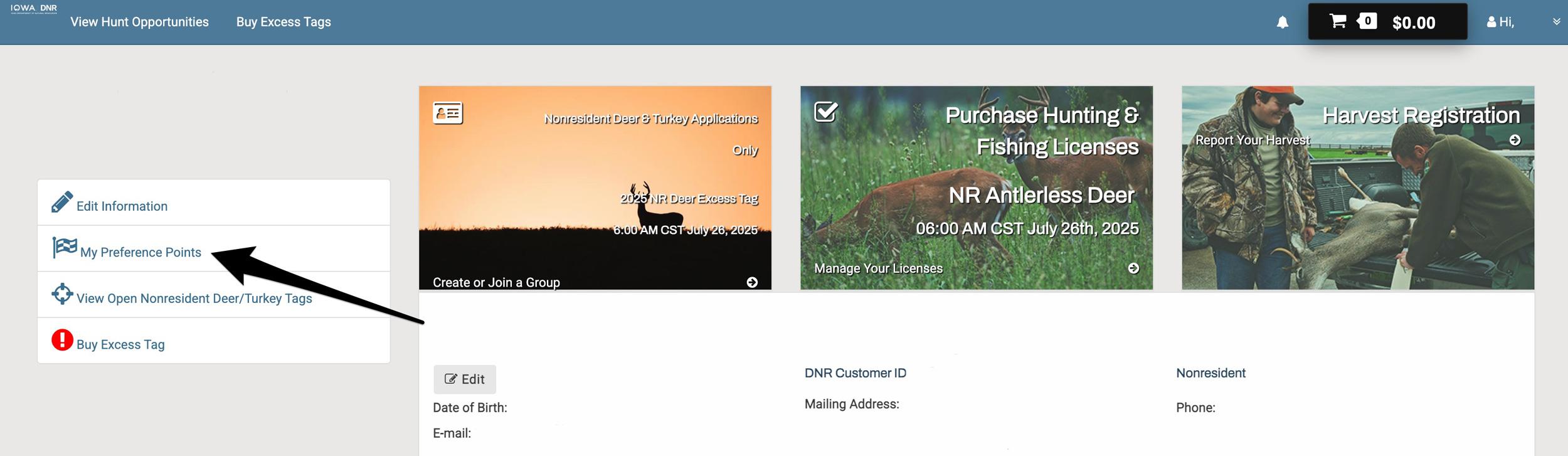 Viewing your Iowa hunting preference point totals