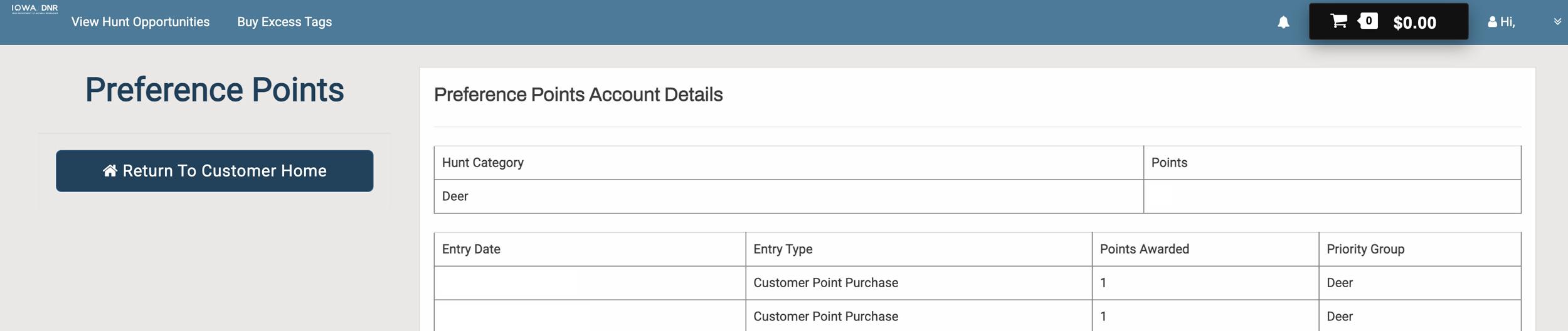 Screen to see Iowa deer preference point totals for hunting applications