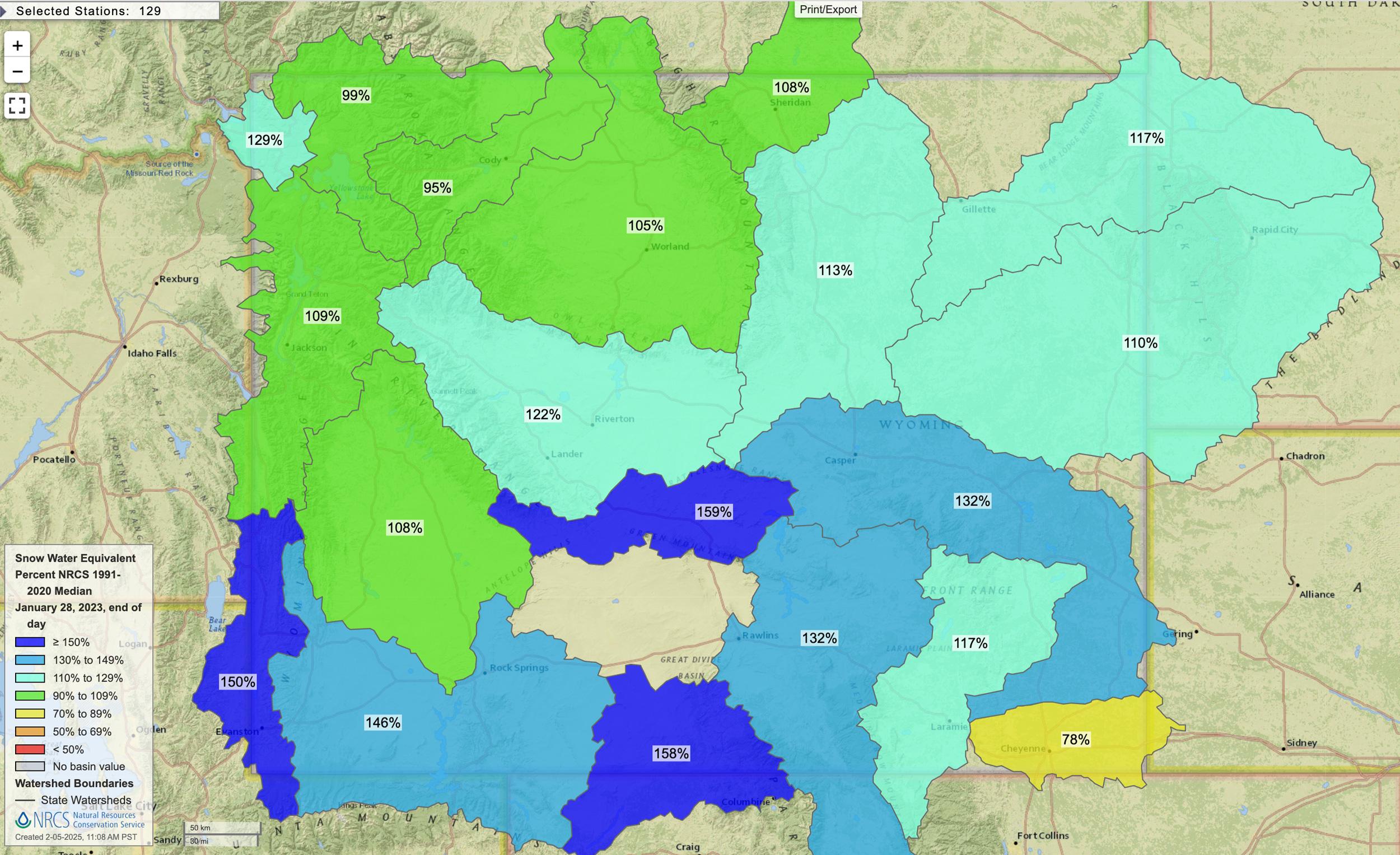 Wyoming January 28, 2023 snow water equivalent percent map