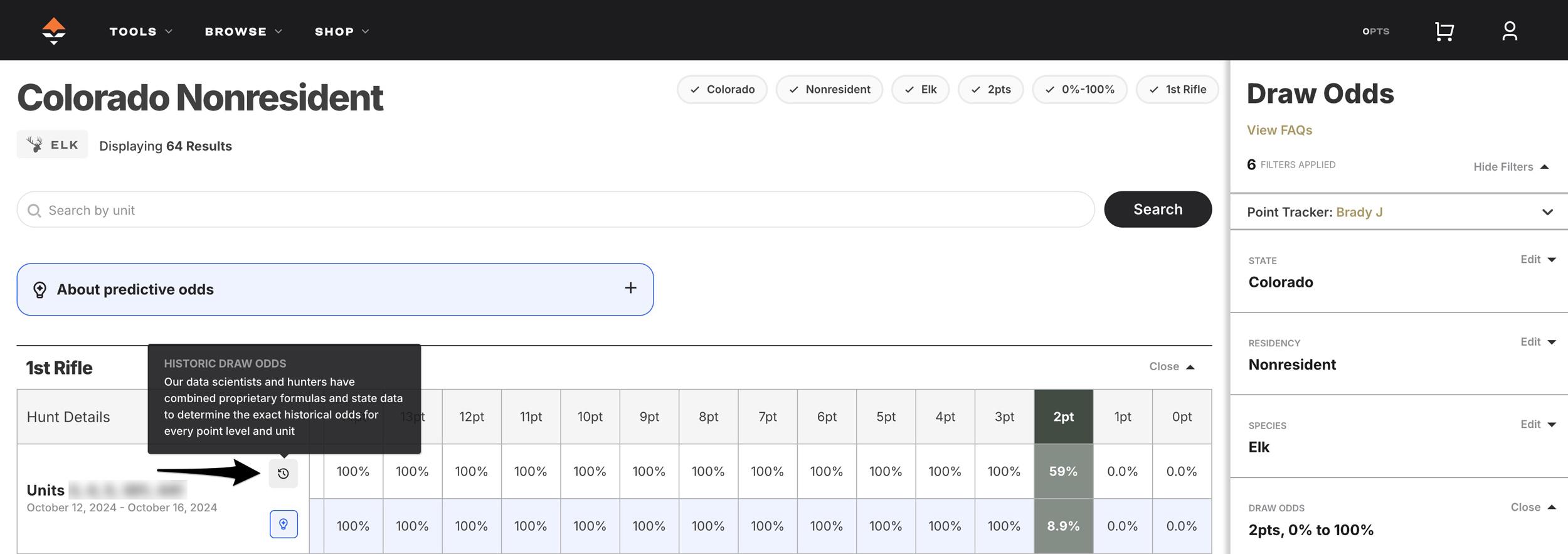 Example of Historic draw odds for hunting research on GOHUNT