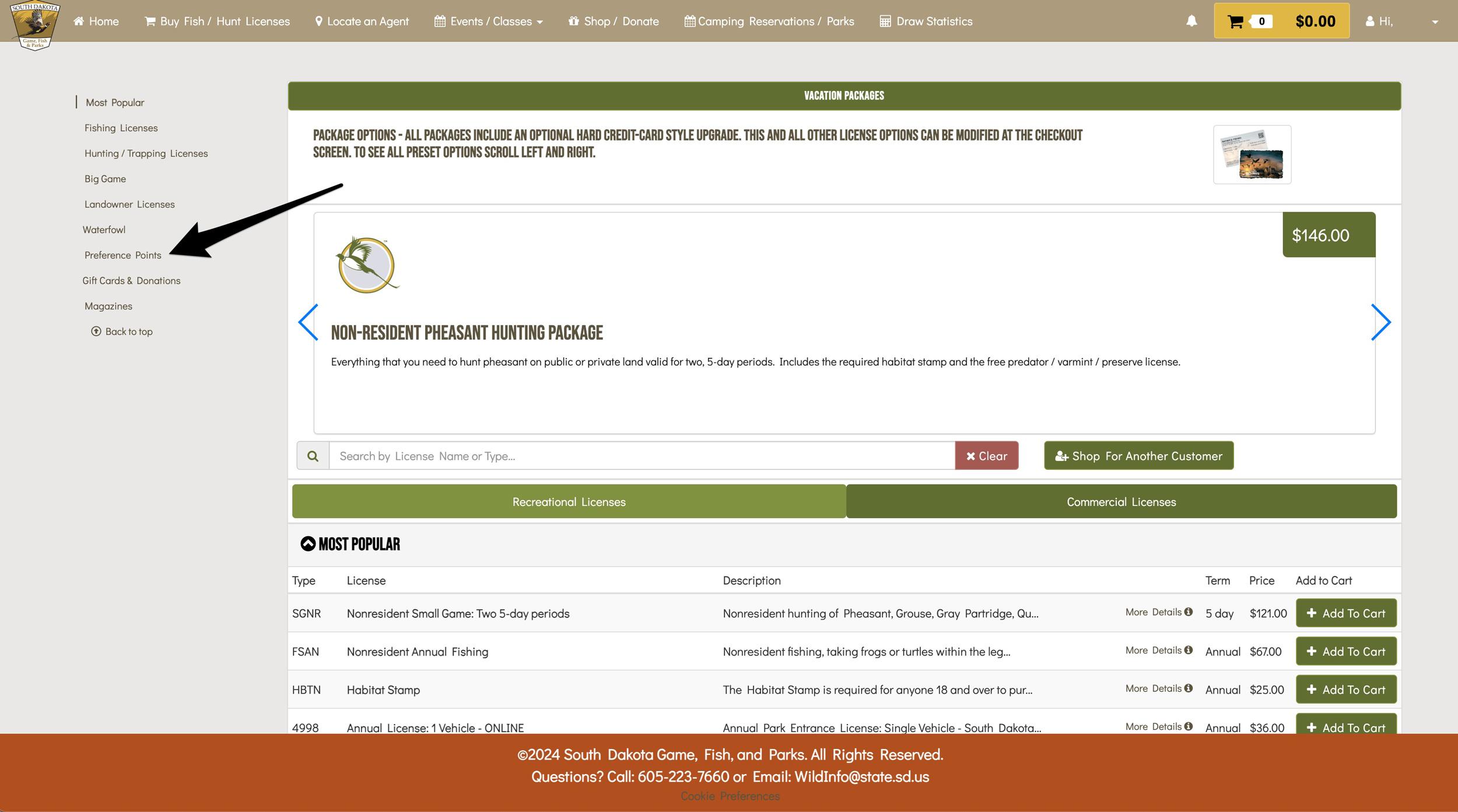 South Dakota preference point purchase dropdown section