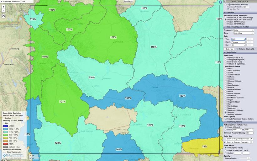 Wyoming February 28, 2023 snow water equivalent percent map