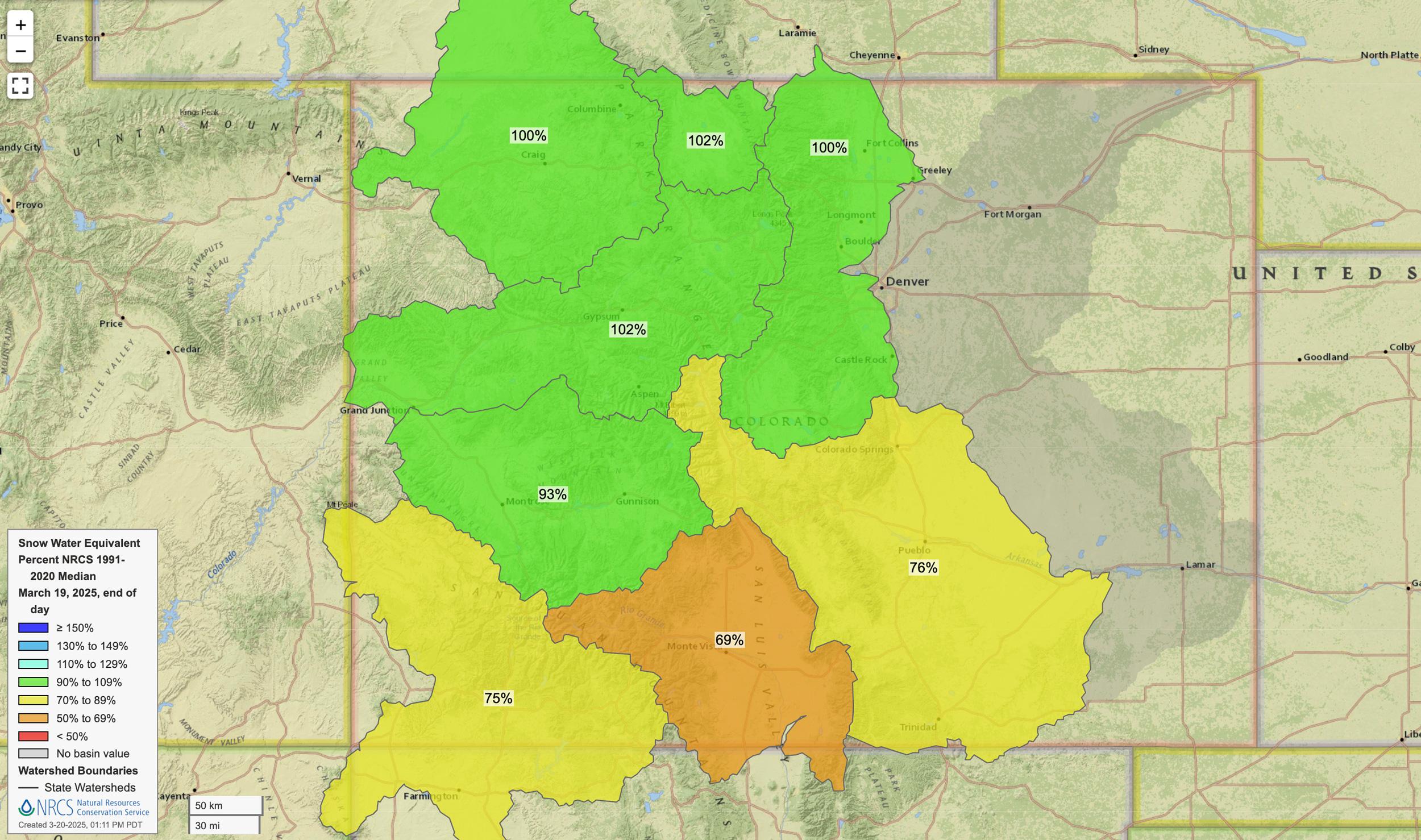 Colorado mid March 2025 snow water equivalent map