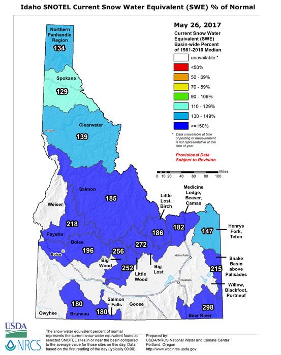 Idaho snow water equivalent percent of normal as of may 2017