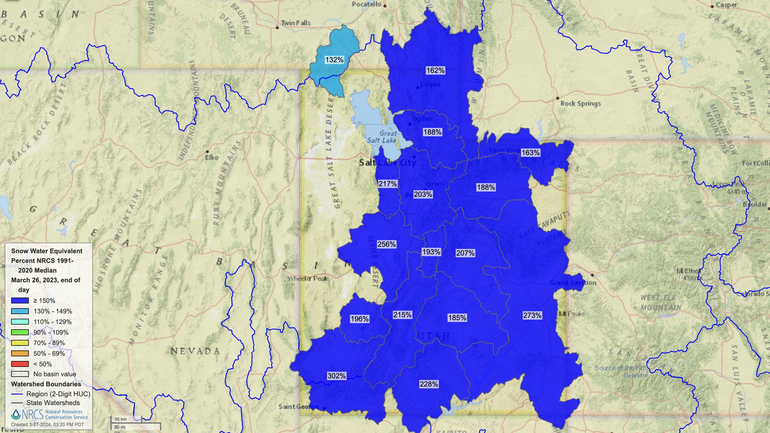 Utah 2023 mid March snow water equivalent percent of normal map