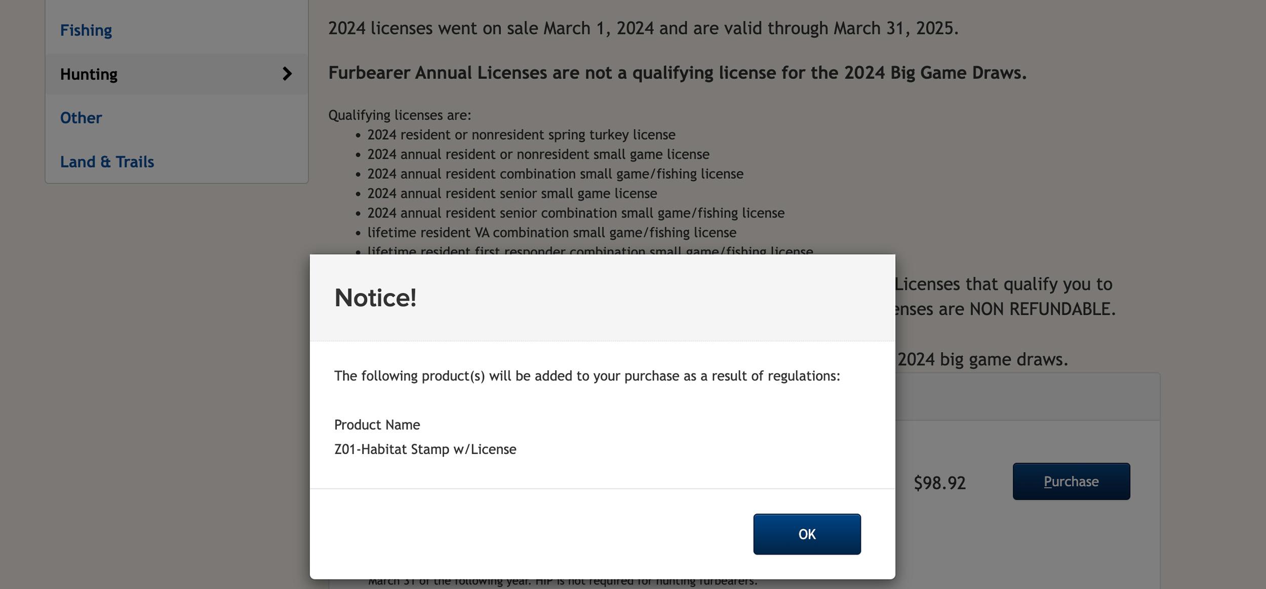 Notice of Colorado habitat stamp with license added to cart