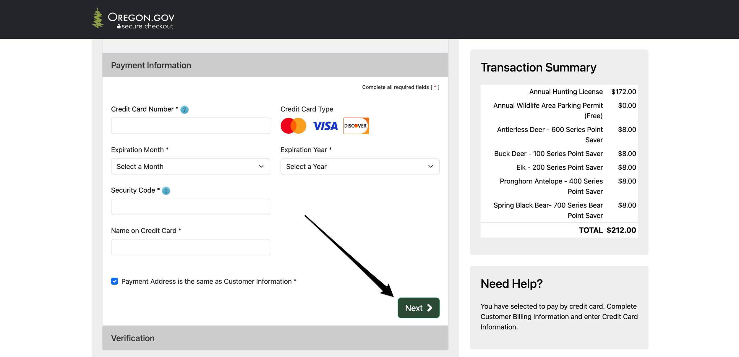 Enter credit card information to buy Oregon points