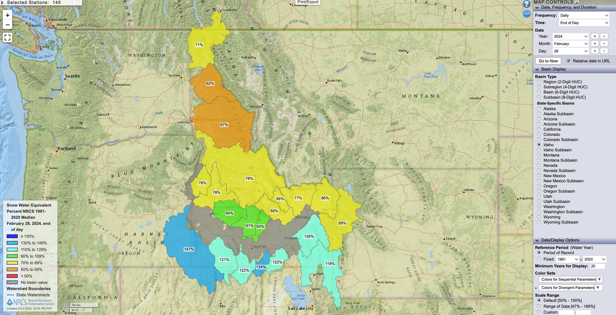 Idaho February 28, 2024 snow water equivalent percent map
