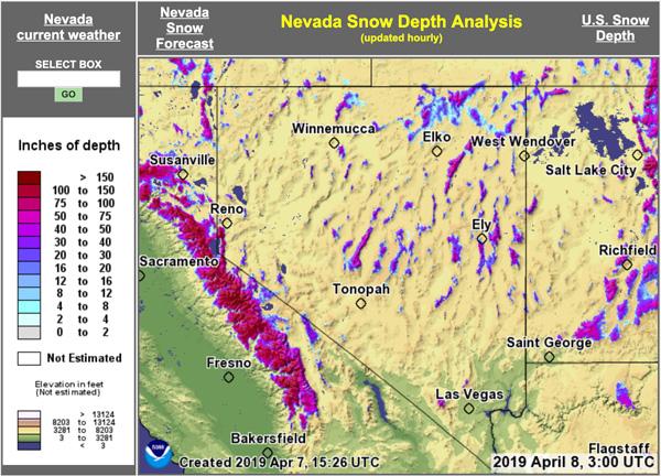 Nevada snow depth analysis as of early april 2019
