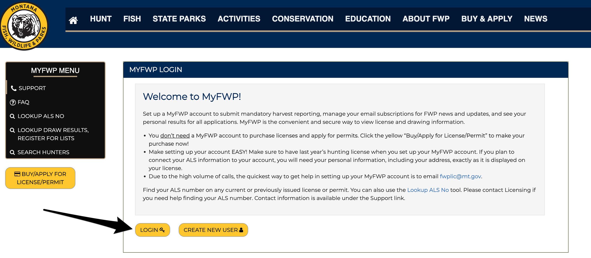 Montana MyFWP page where you will login