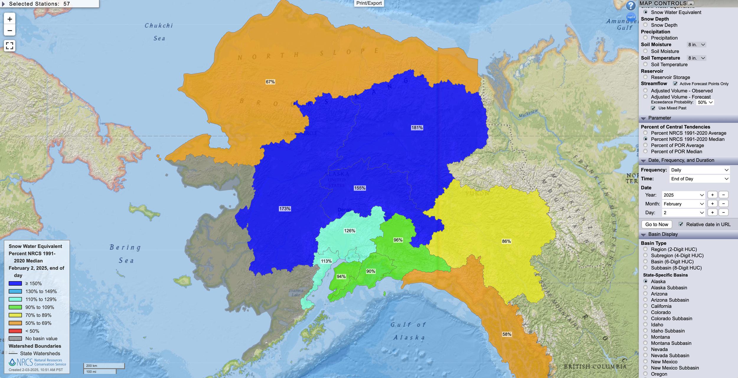 Alaska February 2, 2025 snow water equivalent percent map