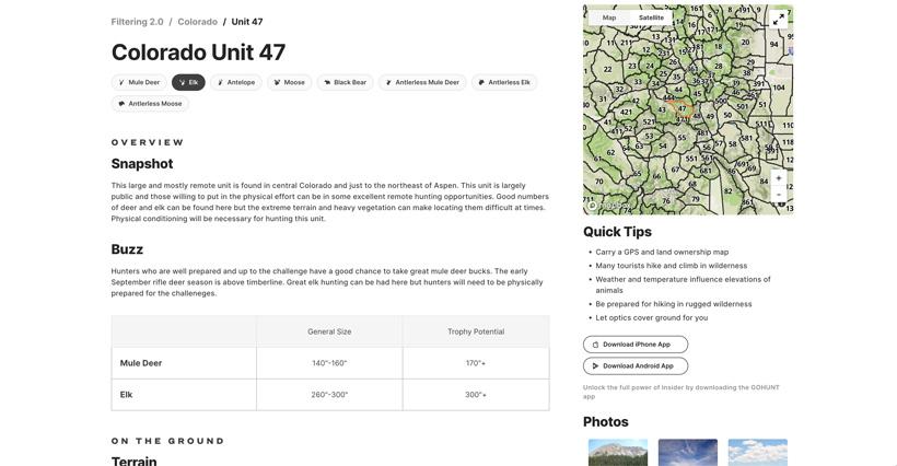 Gohunt unit profile filled with hunt information