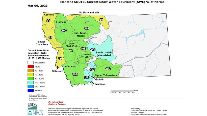 Montana current march 2023 snow water equivalent map