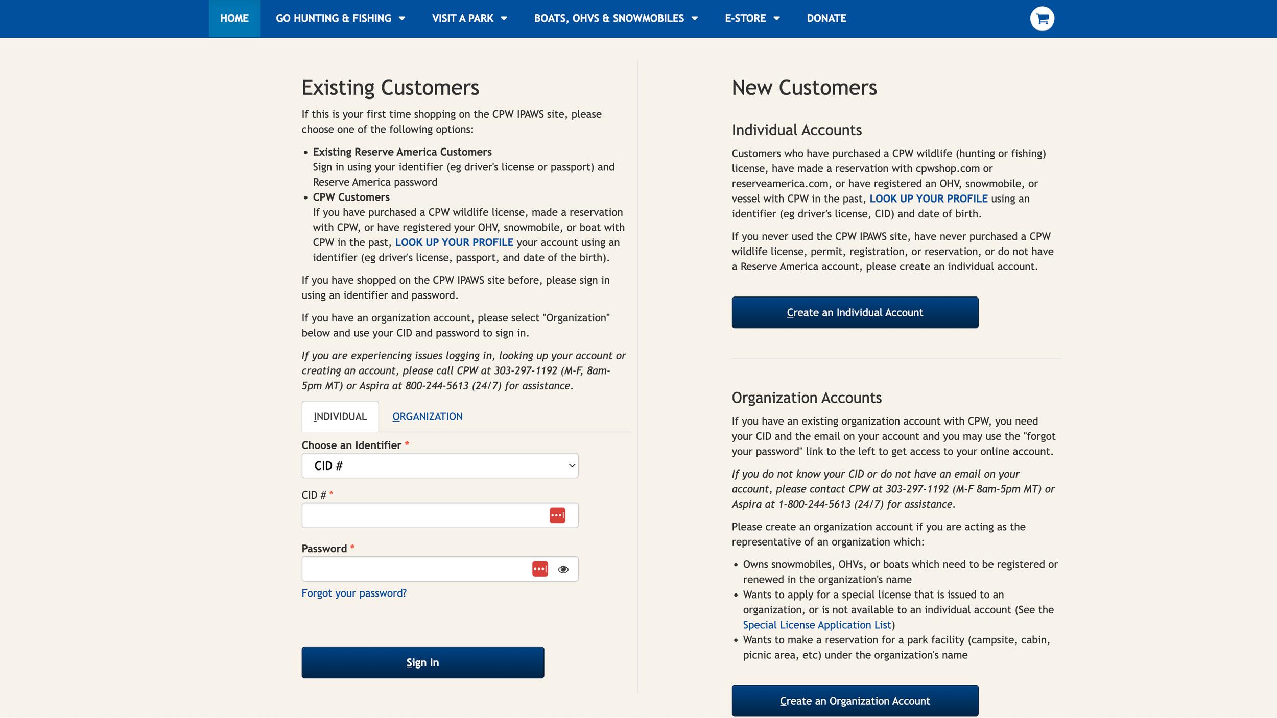 Log in or create an account on Colorado Parks and Wildlife's shop page