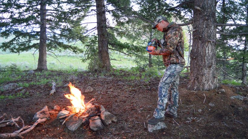 Campfires and mountain house while hunting