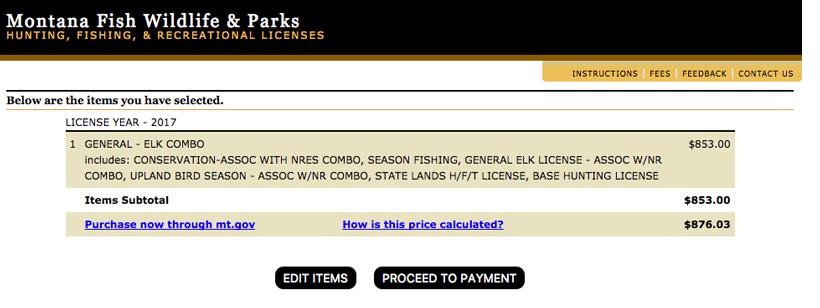 Screenshot from montana hunt license checkout page