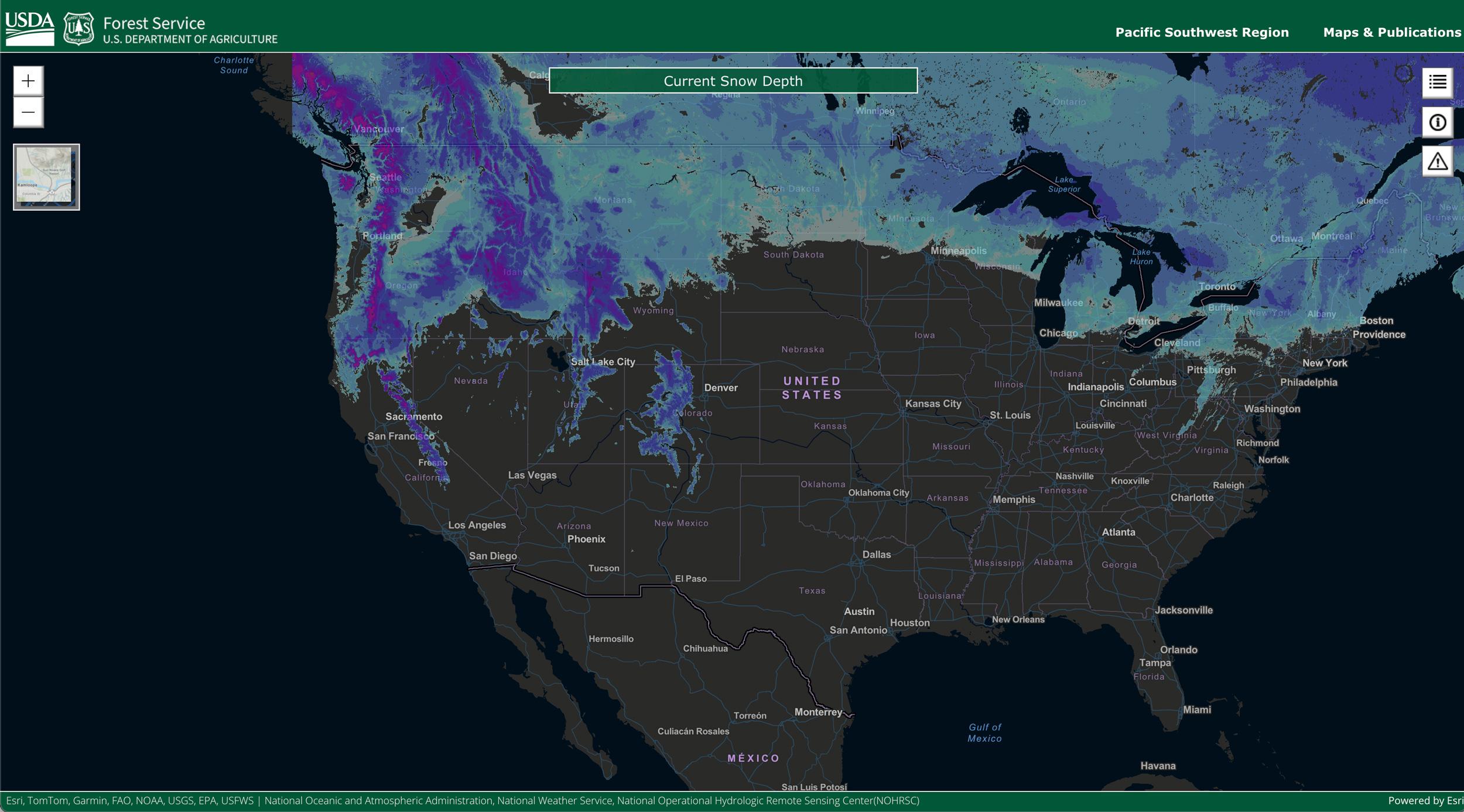 USDA current snow depth map of the United States