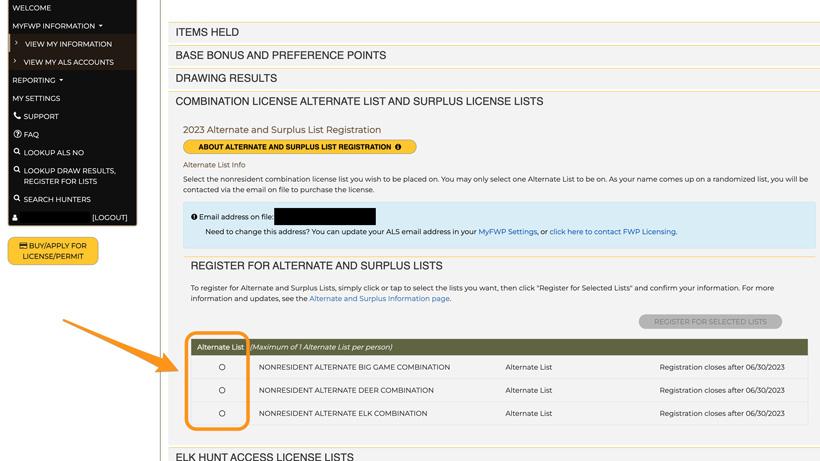 Selecting what montana nonresident alternate list comination you want
