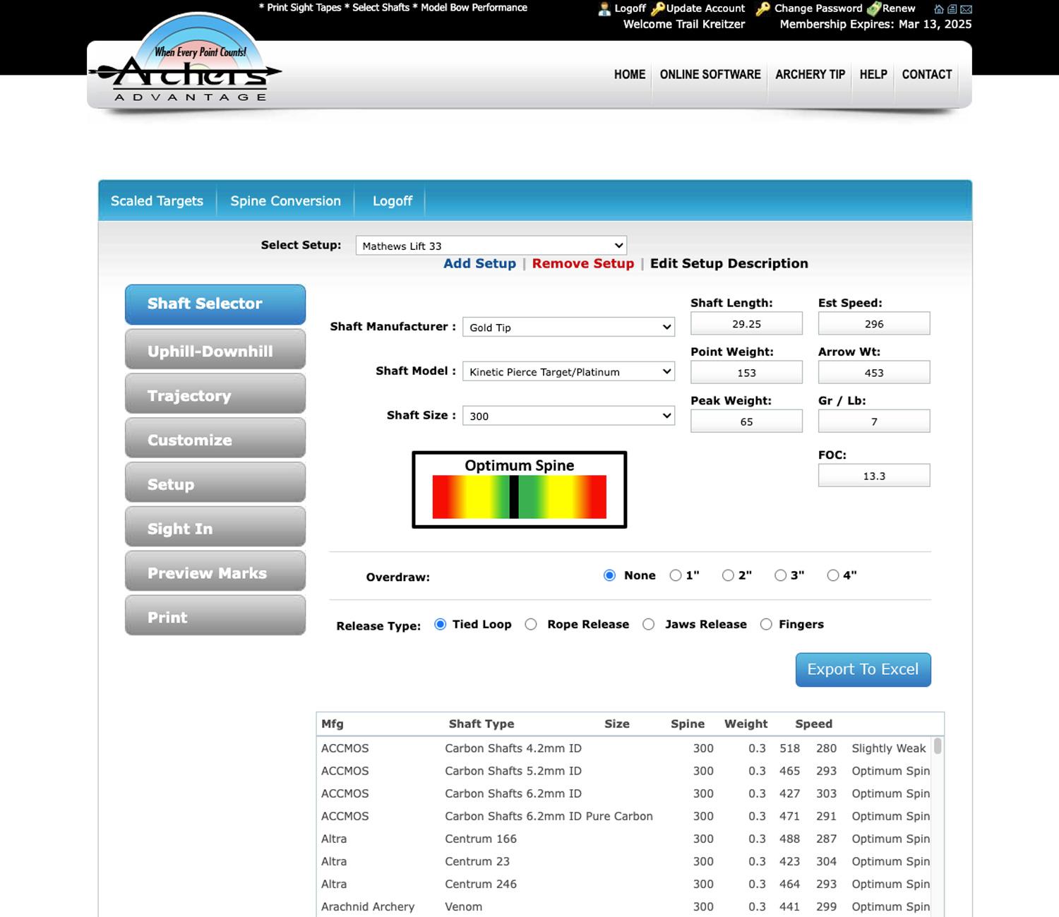 Archers Advantage for arrow shaft selection
