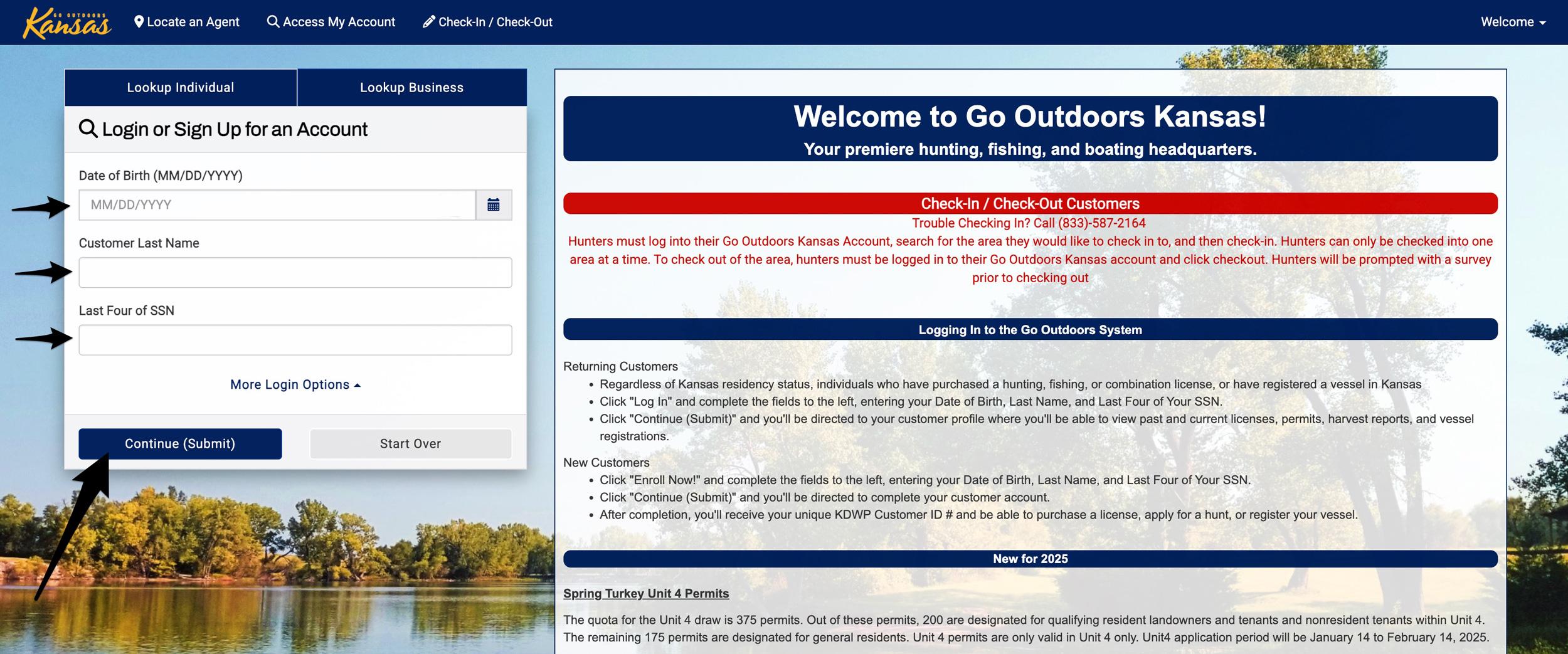 Entering credentials to login to GO Outdoors Kansas website